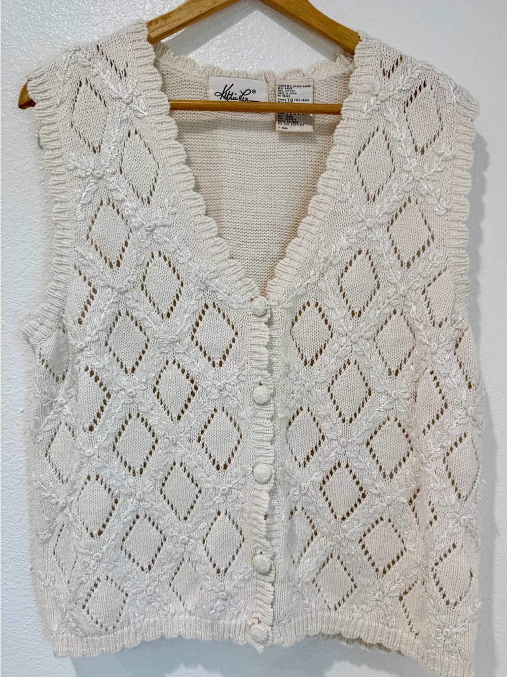 Vintage Kathie Lee Ramie Cotton Crochet Pointelle Sweater Vest Grandmacore XL